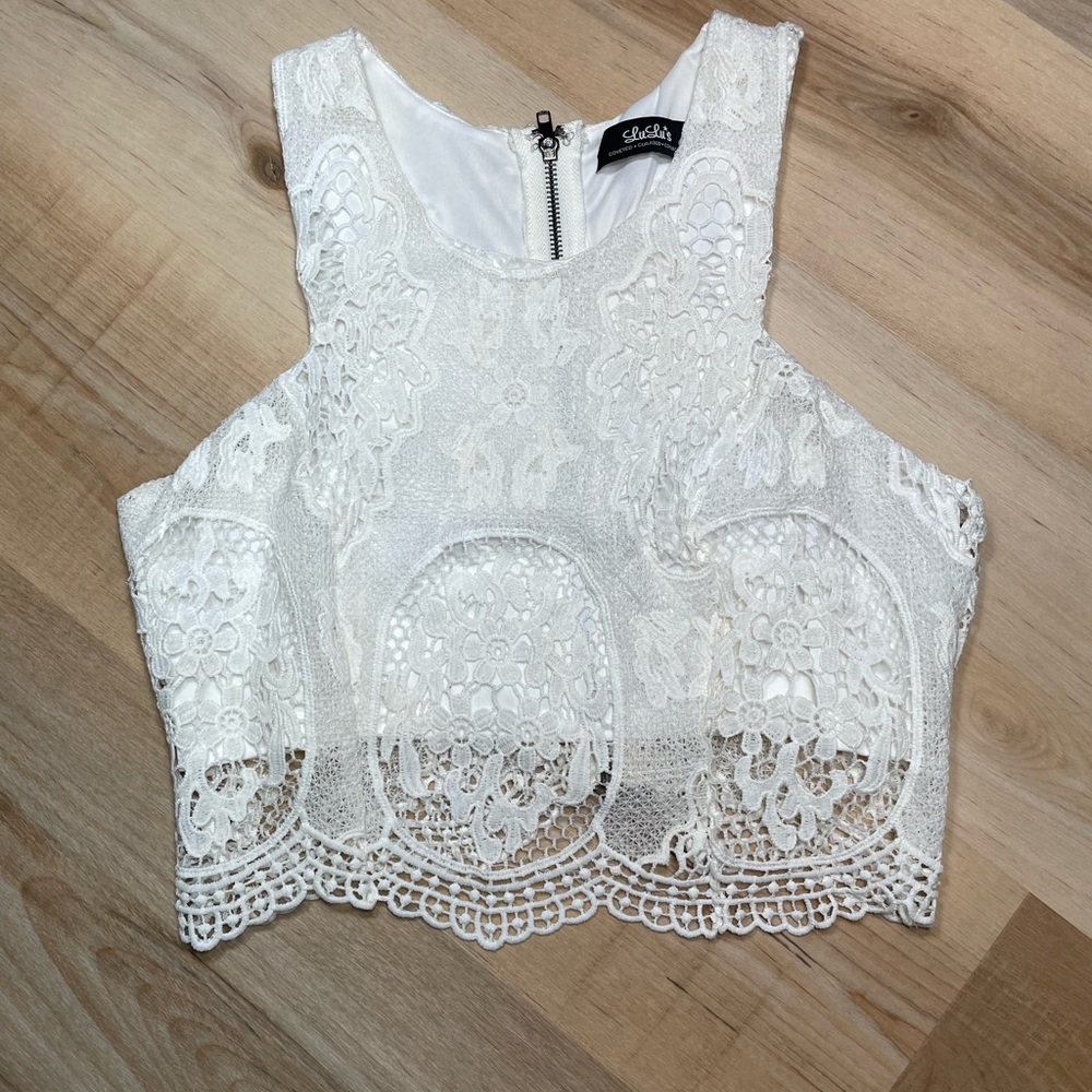 Boho Lace Crochet Crop Top White Festival Coachella Sheer Tank M - Picture 3 of 6